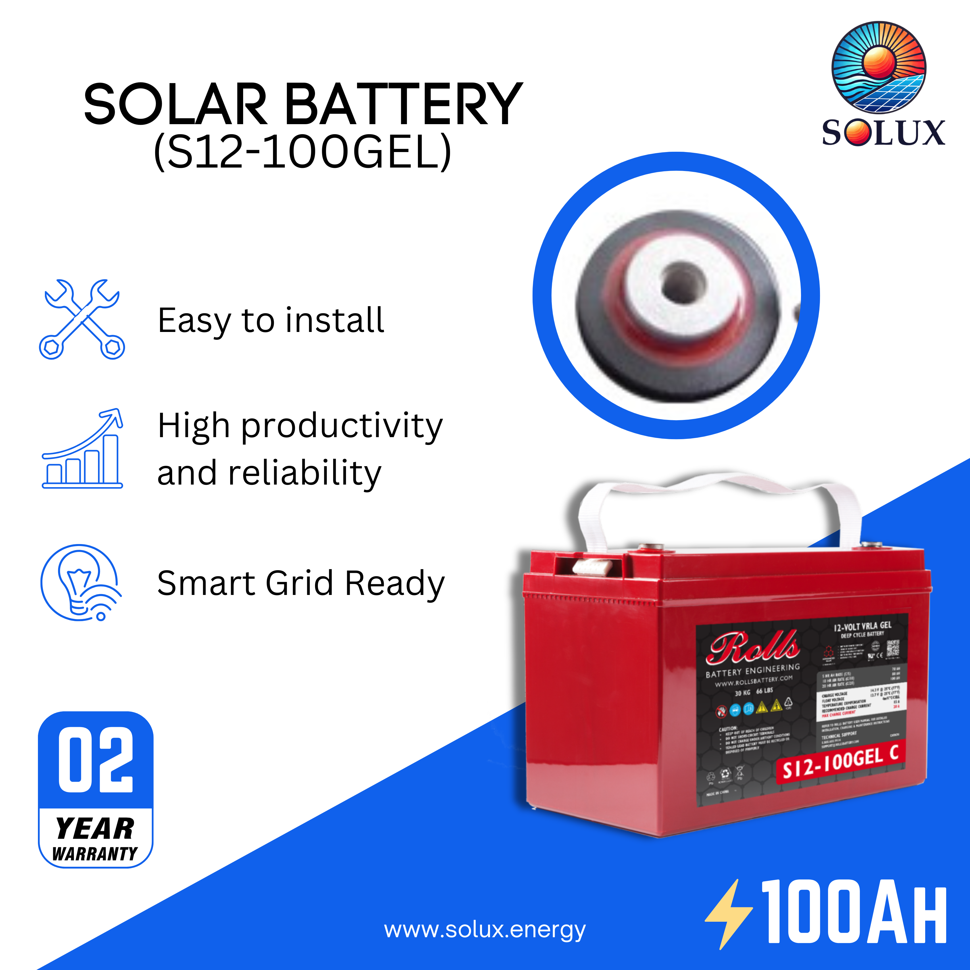 The rolls surrette s12-100gel battery is a reliable and compact deep cycle gel battery, ideal for smaller solar power systems, wheelchairs, and mobility scooters.